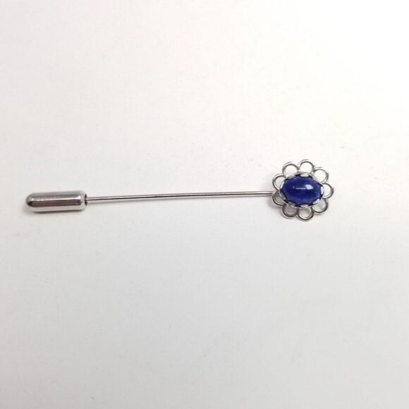 Vintage Little Blue Cabochon Flower Stick Pin, Silver Tone Setting Brooch - Picture 5 of 5